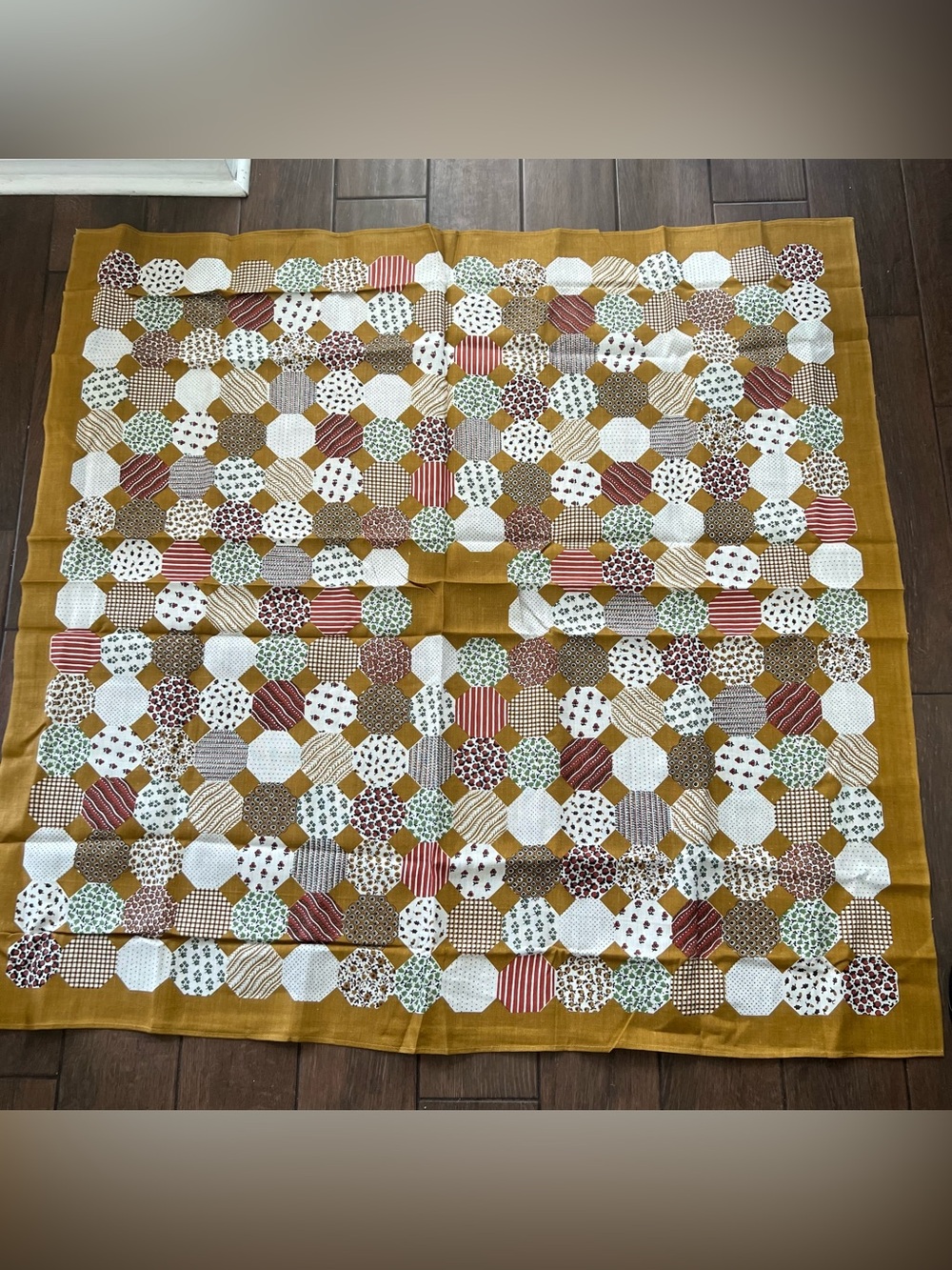 Patchwork Pattern Vintage 70s Linen 49"x52" Tablecloth